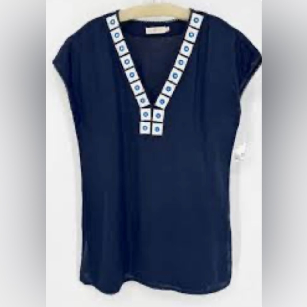 Tory Burch 100% linen navy blue Feminine Preppy tunic with crochet detail Size L
